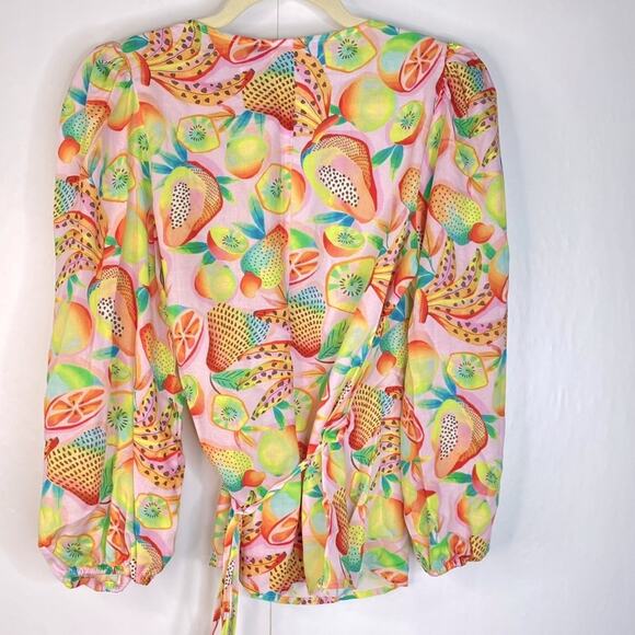 Farm Rio Rainforest Long Sleeves Blouse Fruits Print Wrap V-Neck Yellow Size XS - Picture 11 of 16